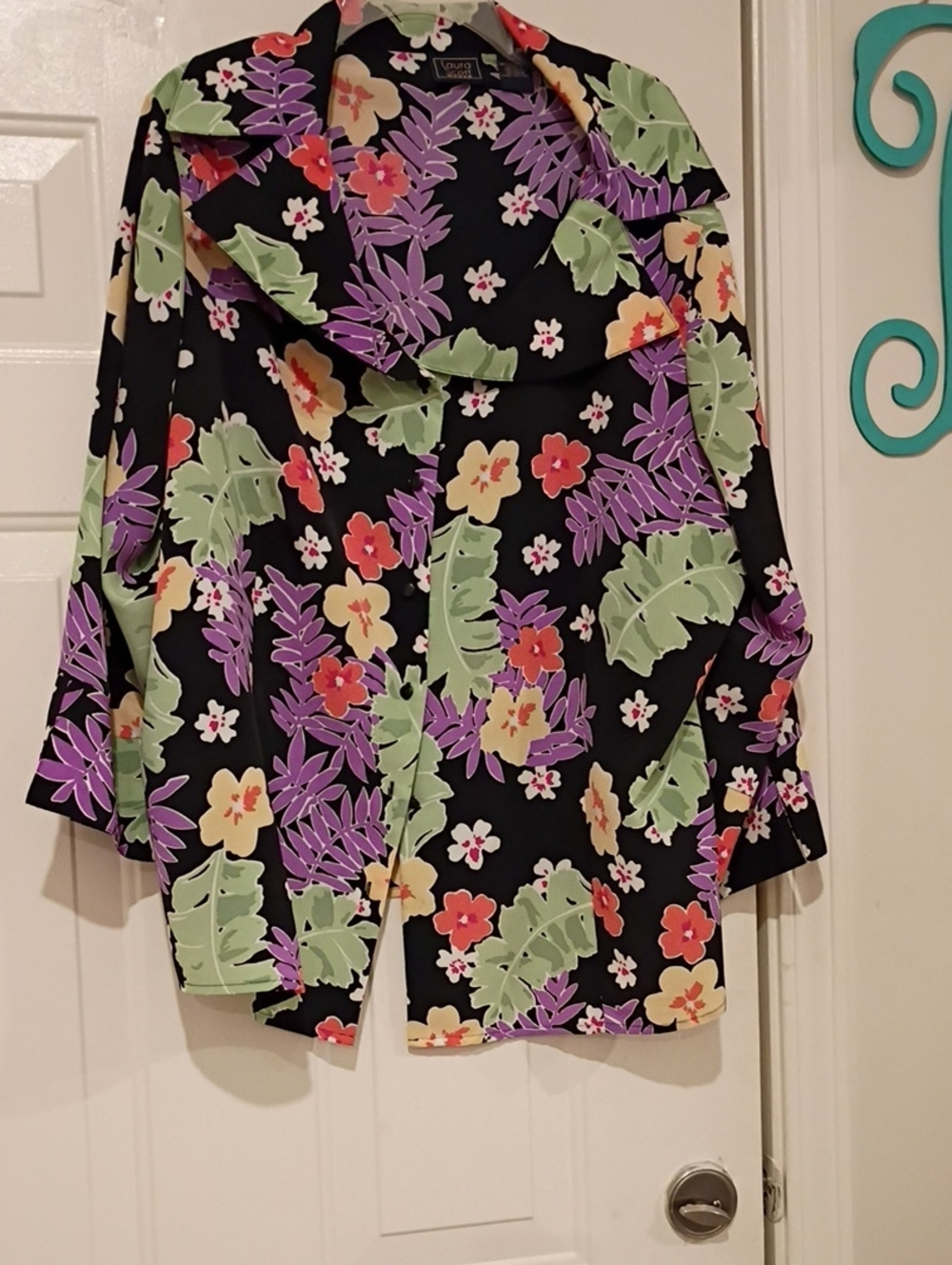 Laura Scott Black Floral Blouse with Purple, White & Pink Accents